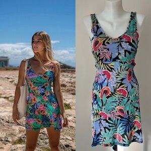 Eidon Amaya Dress Papaya  Resort Wear Beachy Tropical Fruit Corset Lace Up Sz S